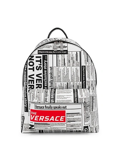 Versace Newspaper-print Leather Backpack In White Black