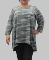 COIN 1804 WOMEN'S PLUS SIZE CAMOUFLAGE 3/4 SLEEVE BUTTON PLEAT FRONT TOP