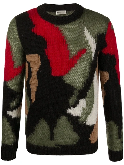 Saint Laurent Camouflage Intarsia Sweater In Green