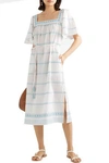 TORY BURCH BELTED EMBROIDERED LINEN AND COTTON-BLEND GAUZE MIDI DRESS,3074457345625008346