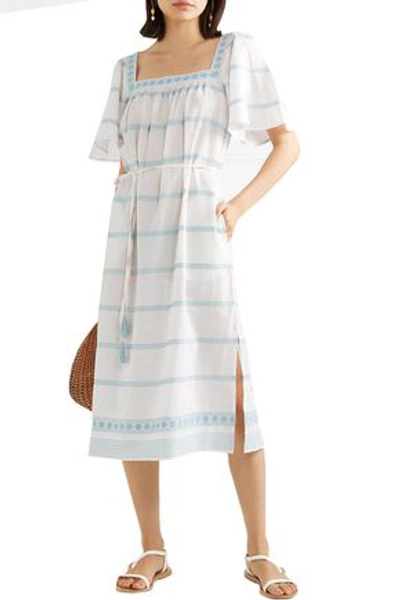 Tory Burch Belted Embroidered Linen And Cotton-blend Gauze Midi Dress In Ivory