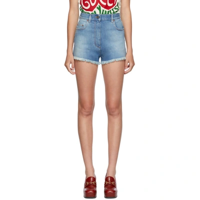 Gucci Cherry-embroidered Denim Shorts In Blue