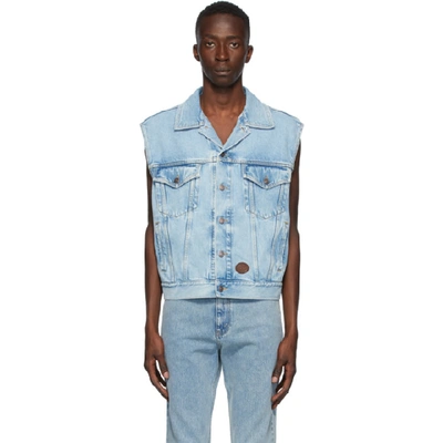 Gucci Logo Leather Patch Washed Denim Vest In Light Blue