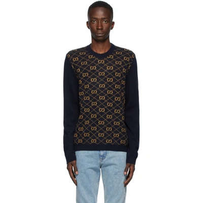 Gucci Gg-argyle Knitted-wool Sweater In Blue