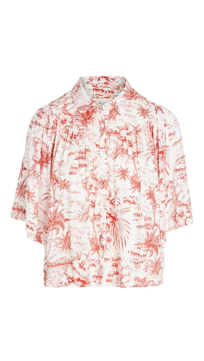 The Great The Cruise Palm Print Linen & Cotton Top In Red Palm Print
