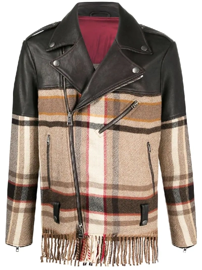 Etro Leather And Check Wool Biker Jacket In Beige