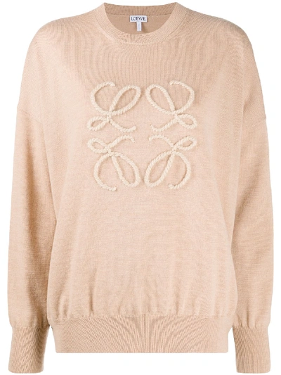 Loewe Anagram Embroidered Fine Knit Jumper In Neutrals