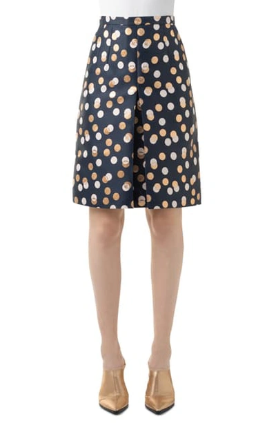 Akris Punto Gold Leaf Dot Front Pleat Skirt In Navy Gold Sake