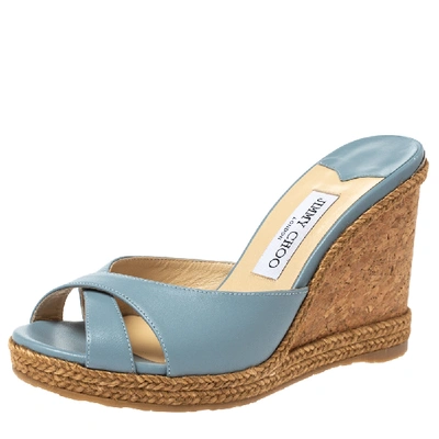 Pre-owned Jimmy Choo Blue Leather Almer 105 Cork And Espadrille Wedges Size 39