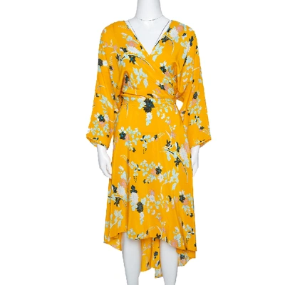 Pre-owned Diane Von Furstenberg Yellow Floral Print Silk Eloise Wrap Dress M