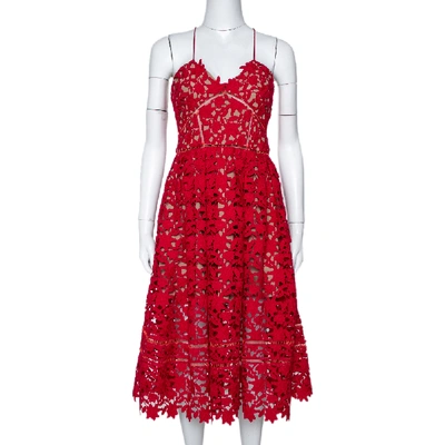 Pre-owned Self-portrait Red Floral Guipure Lace Noodle Strap Azaelea Midi Dress M