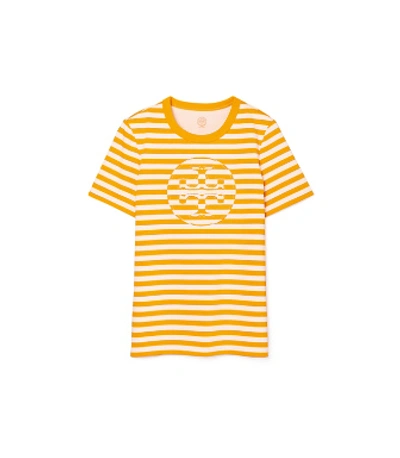 Tory Burch Striped Logo T-shirt In Gold Crest Stripe Logo