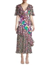 PRABAL GURUNG RUFFLED CHIFFON MIXED-PRINT MIDI DRESS,0400012489041