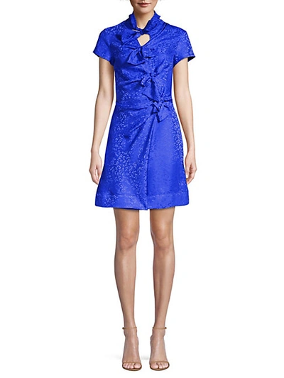 Saloni Kelly Knotted Silk-jacquard Mini Dress In Bright Blue