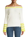 DH NEW YORK VARSITY STRIPE OFF-THE-SHOULDER BELL SLEEVE SWEATER,0400011463986