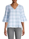 SAKS FIFTH AVENUE PLAID TIE-BACK LINEN TOP,0400012108422