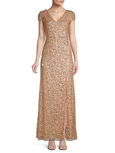 Adrianna Papell Embellished V-neck Gown In Champagne