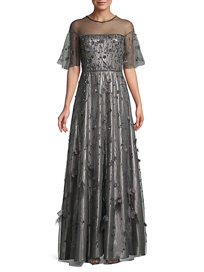 Theia Beaded Floral Illusion Gown In Silver