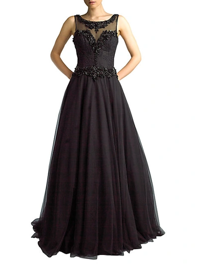 Basix Black Label Sleeveless Beaded Tulle Gown In Black