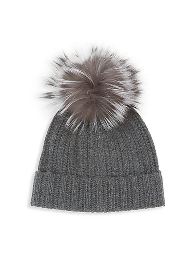 Amicale Fox Fur Pom-pom Cashmere Beanie