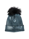 ADRIENNE LANDAU FOX FUR POM-POM METALLIC BEANIE,0400012104752