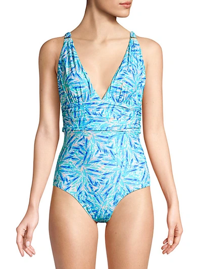 Melissa Odabash Zanzibar Twist-front Halterneck Swimsuit In Blue Leaf