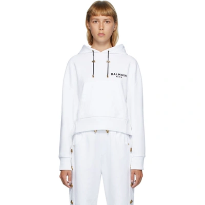 Balmain Cropped Flocked Organic Cotton-jersey Hoodie In White Black