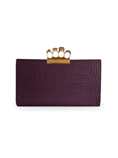 Alexander Mcqueen Women's Skull Four-ring Croc-embossed Leather Flat Pouch In Purple