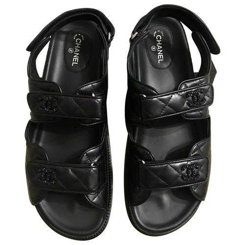 Pre-Owned Chanel Dad Sandals Black Leather Sandals | ModeSens
