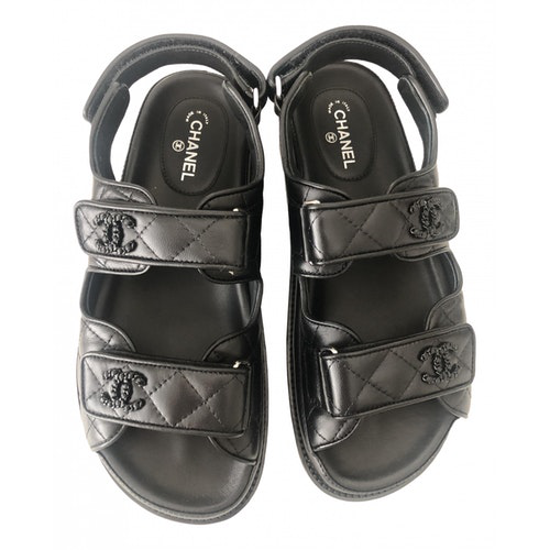 Pre-Owned Chanel Dad Sandals Black Leather Sandals | ModeSens