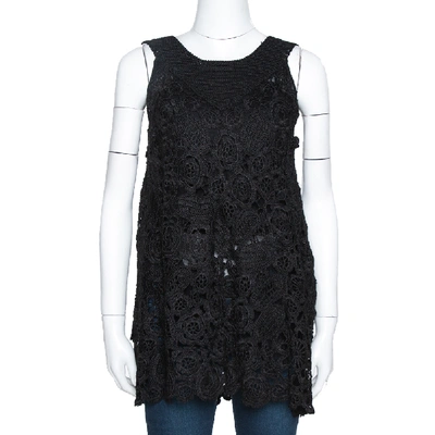 Pre-owned Oscar De La Renta Black Silk Crochet Knit Sleeveless Top S