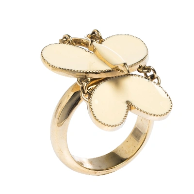 Pre-owned Chloé Butterfly Motif Enamel Gold Tone Ring Size 52.5 In Cream