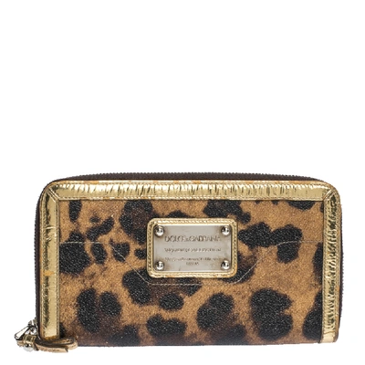 Pre-owned Dolce & Gabbana Brown/black Leopard Print Coated Canvas And Patent Leather Zip Around Wallet