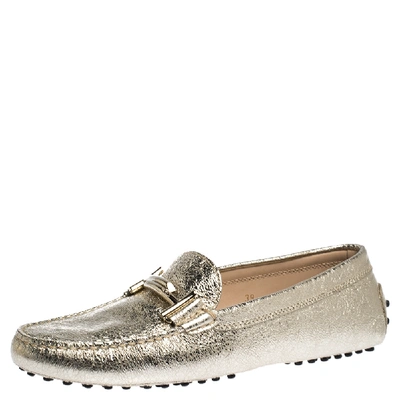 Pre-owned Tod's Metallic Gold Leather Double T Slip On Loafers Size 39