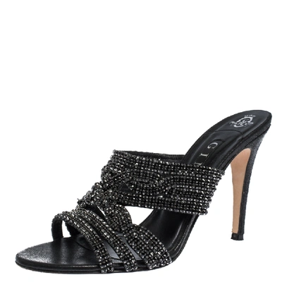 Pre-owned Gina Black Crystal Embellished Leather Slide Sandals Size 41