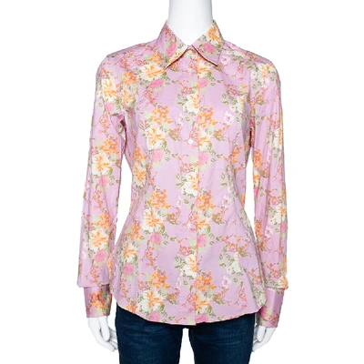 Pre-owned Etro Light Pink Floral Print Stretch Cotton Long Sleeve Shirt L