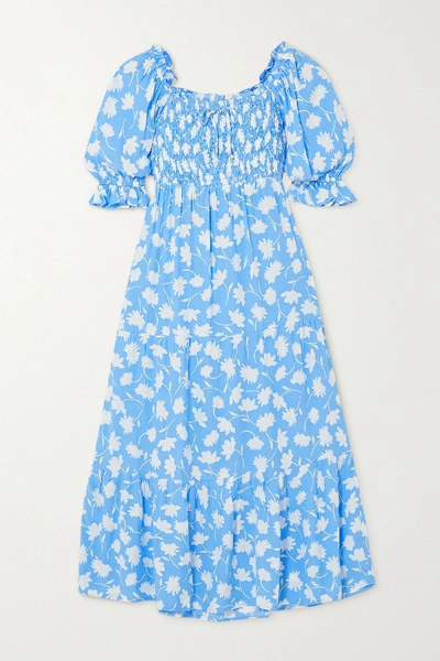 Faithfull The Brand + Net Sustain Olinda Shirred Floral-print Crepe Midi Dress In Blue