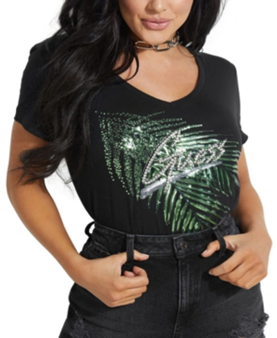 Guess Estella Logo V-neck Graphic T-shirt In Jet Black