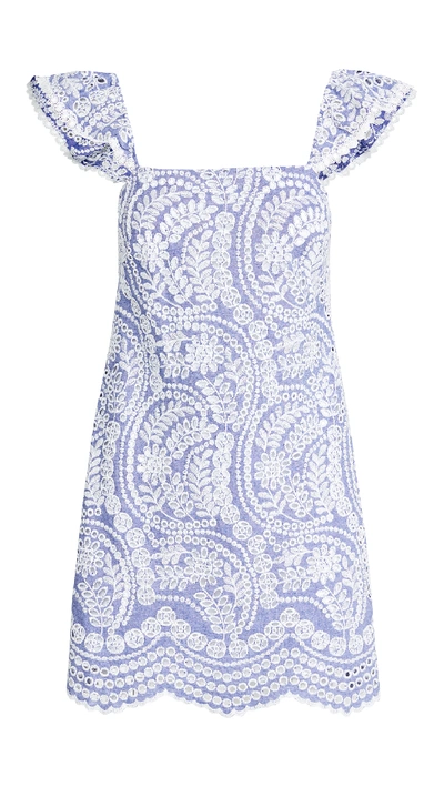Alice And Olivia Honor Flutter Sleeve Cotton Eyelet Dress In Chambray