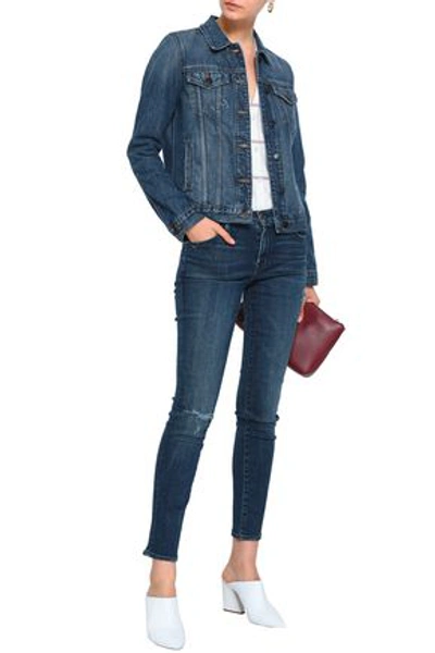 J Brand Distressed Mid-rise Skinny Jeans In Dark Denim