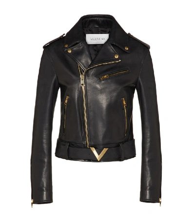 Valentino V Logo Leather Biker Jacket In Black