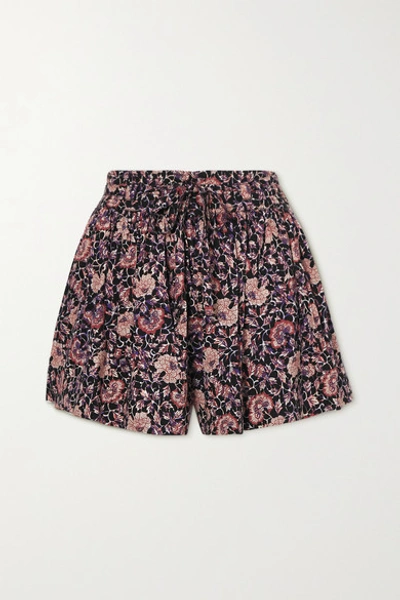 Ulla Johnson Kira Belted Gathered Printed Cotton-blend Shorts In Plum