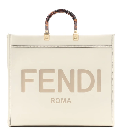 Fendi Leather Logo Top Handle Shopper Tote Bag In White