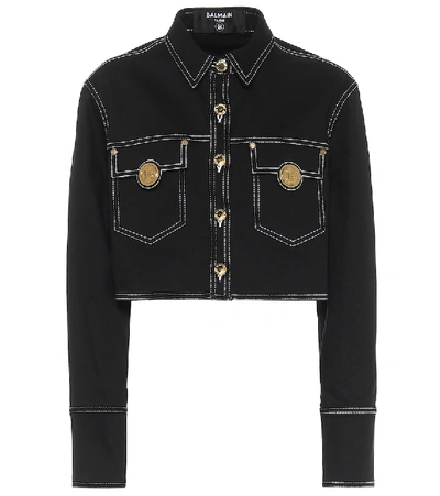 Balmain Button-embellished Cropped Stretch-denim Jacket In Black