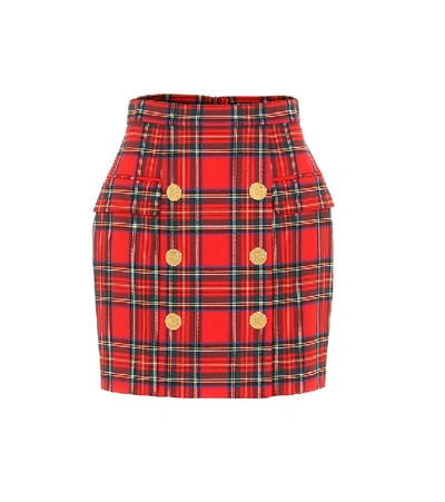 Balmain Button-detail Tartan Skirt In Red