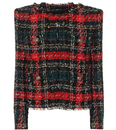 Balmain Collarless Tartan Tweed Jacket In Multi-colour