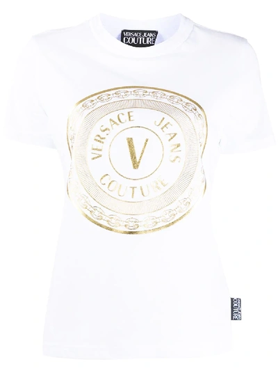 Versace Jeans Couture Gold Foil V-emblem Print T-shirt In White