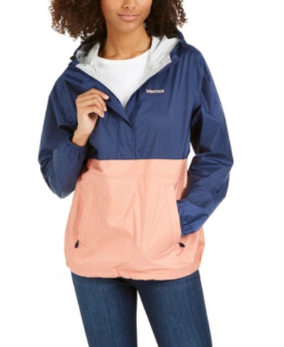 Marmot Precip Eco Hooded Packable Jacket In Arctic Navy/pink Lemonade