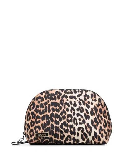 Ganni Multicoloured Leopard Print Makeup Bag In Black