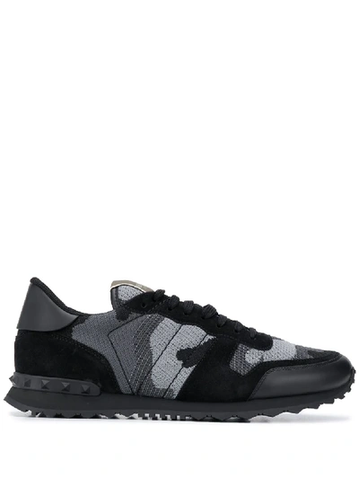 Valentino Garavani Mans Rockrunner Camouflage Noir Leather And Fabric Sneakers In Multi
